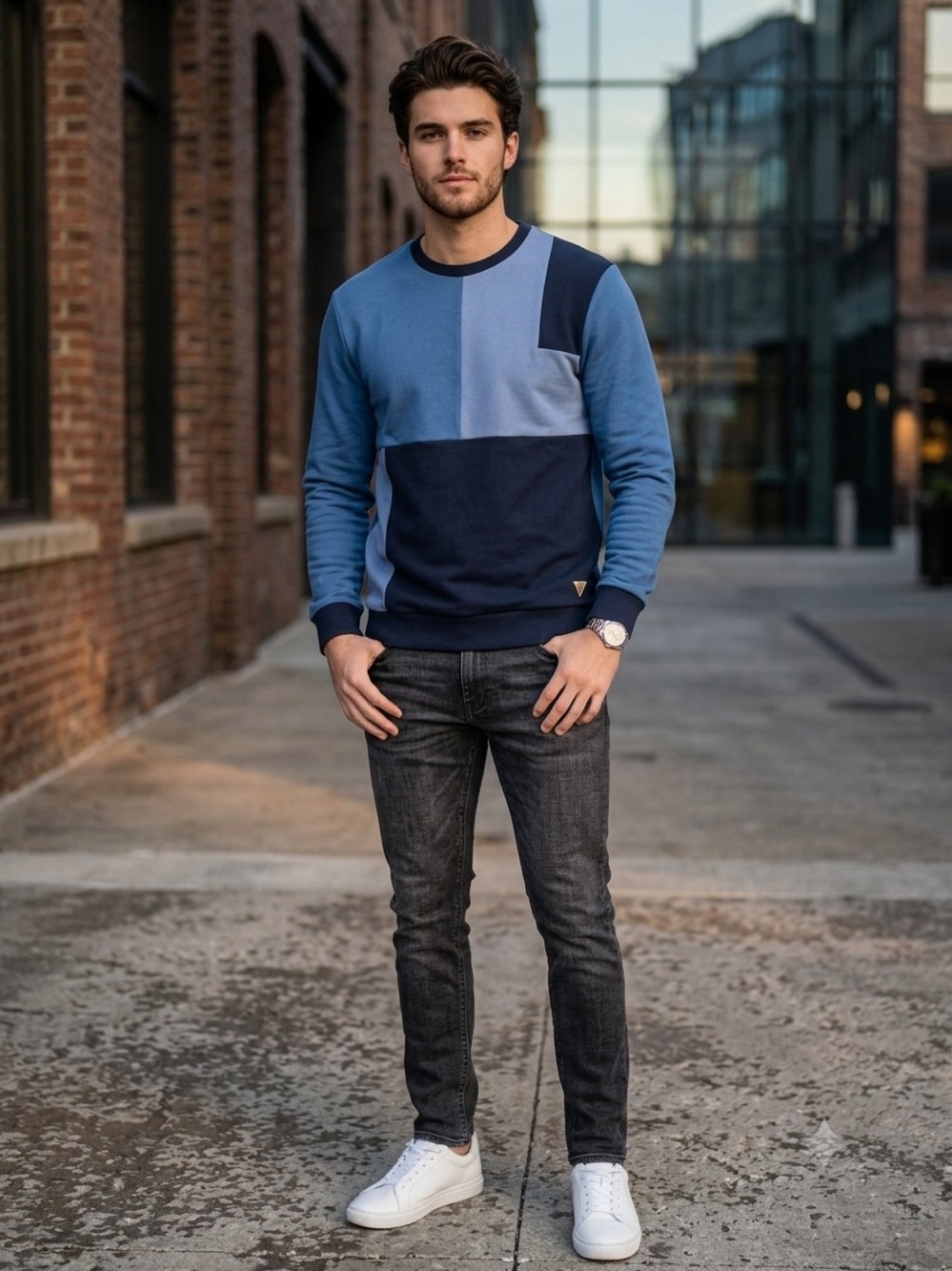 Guess Two-Tone Blue Colorblock Crewneck Sweatshirt